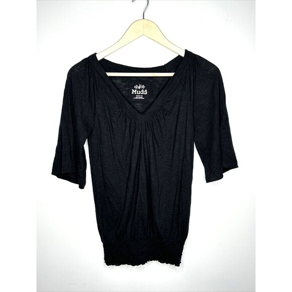 Mudd Shirt Top Juniors MEDIUM BLACK Knit Short Sleeve Cinched Bottom - Picture 1 of 6
